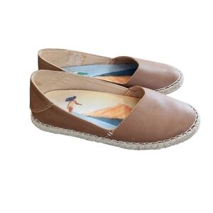 Olukai Kaula Pa'a 'Ili Leather Espadrille Flat Slip On Shoes Comfort Brown